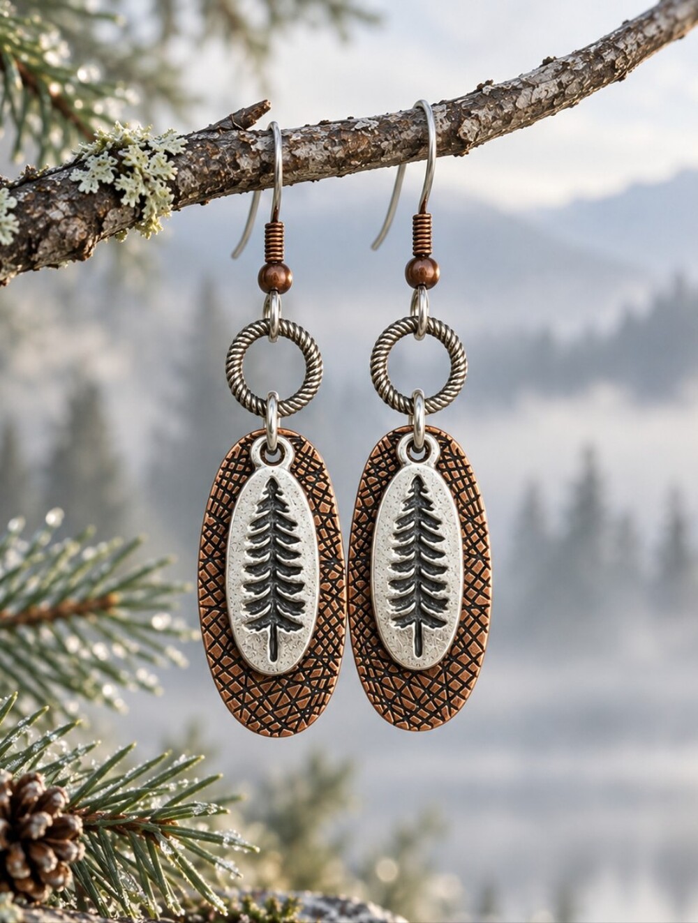 Mixed Metal Pine Tree Earrings Copper Silver Woodland Hand Crafted